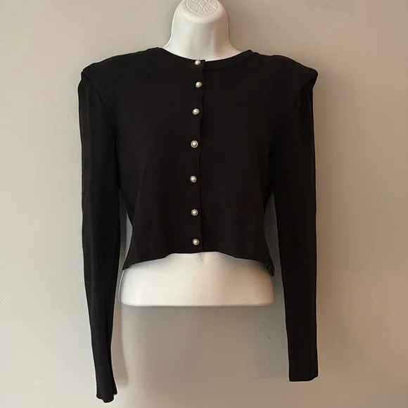 Zara Black Viscose Knit Cardigan with Padded Shoulders and Pearl Buttons - Picture 2 of 10